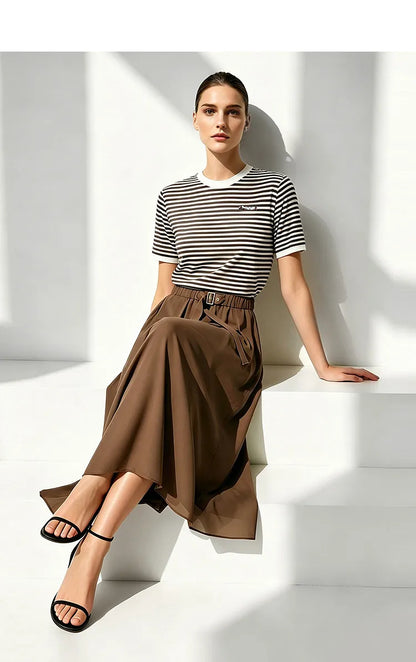 Damen-Rundhalspullover Colorblock Streifen Kurzarm locker Viskose Sommer