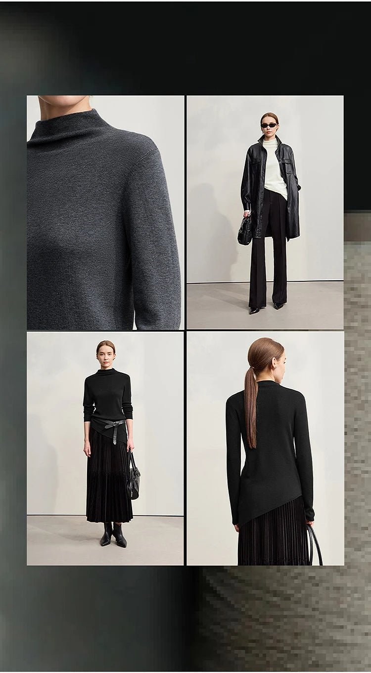 Schwarzer Damenpullover mit Halb-Rollkragen und asymmetrischem Saum, Detailansicht