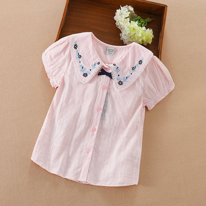 Mädchen Bluse Shirts Sommer Kurzarm Baumwolle Schöne Spitze Kausalen Weiß Tops Kinder Hohe Qualität Kleidung