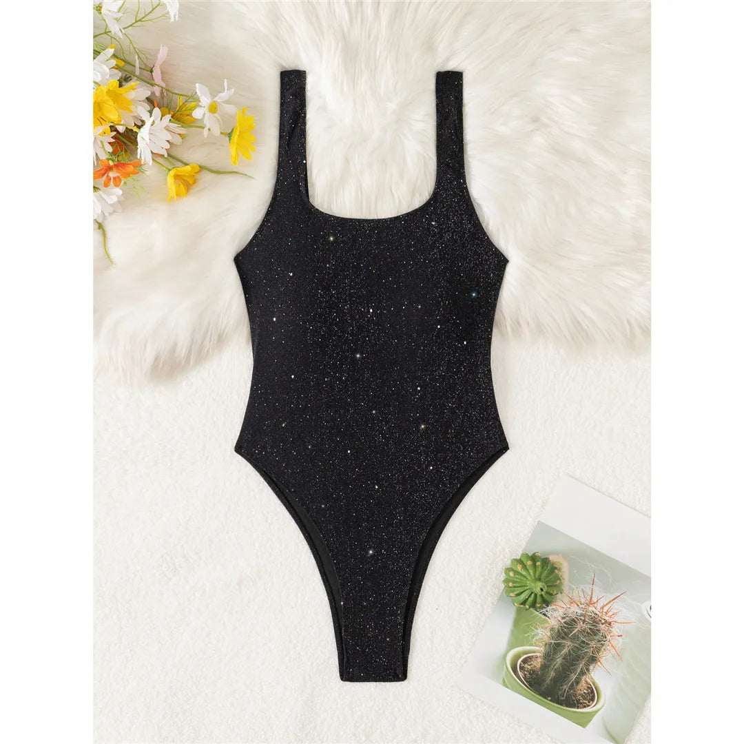 Damen-Badeanzug Glitzer Cut-Out rückenfrei High-Leg gepolstert
