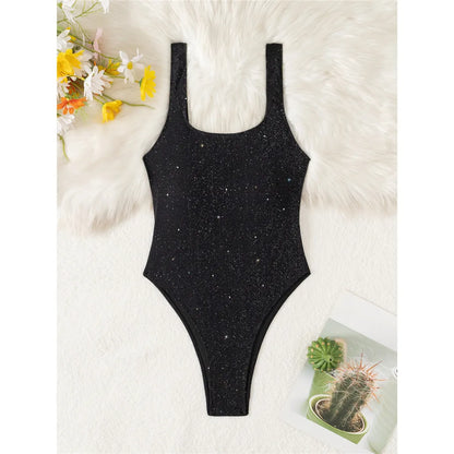 Damen-Badeanzug Glitzer Cut-Out rückenfrei High-Leg gepolstert