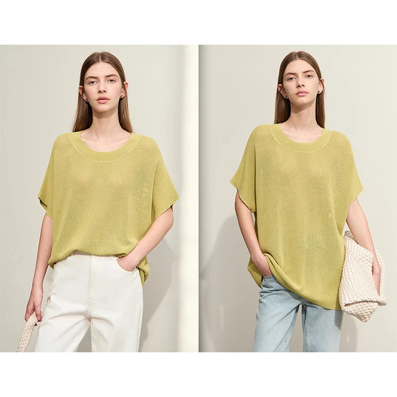 Damen-Rundhalspullover Wolle Aushöhlung locker Streetwear Sommer