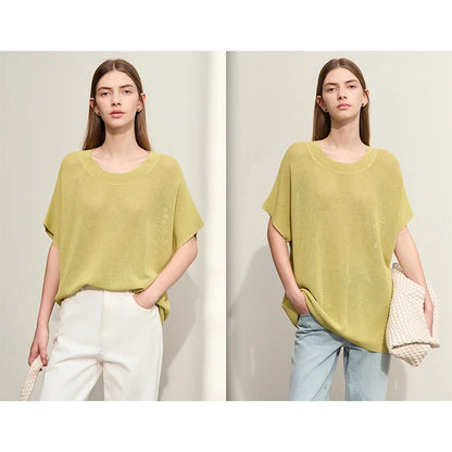 Damen-Rundhalspullover Wolle Aushöhlung locker Streetwear Sommer