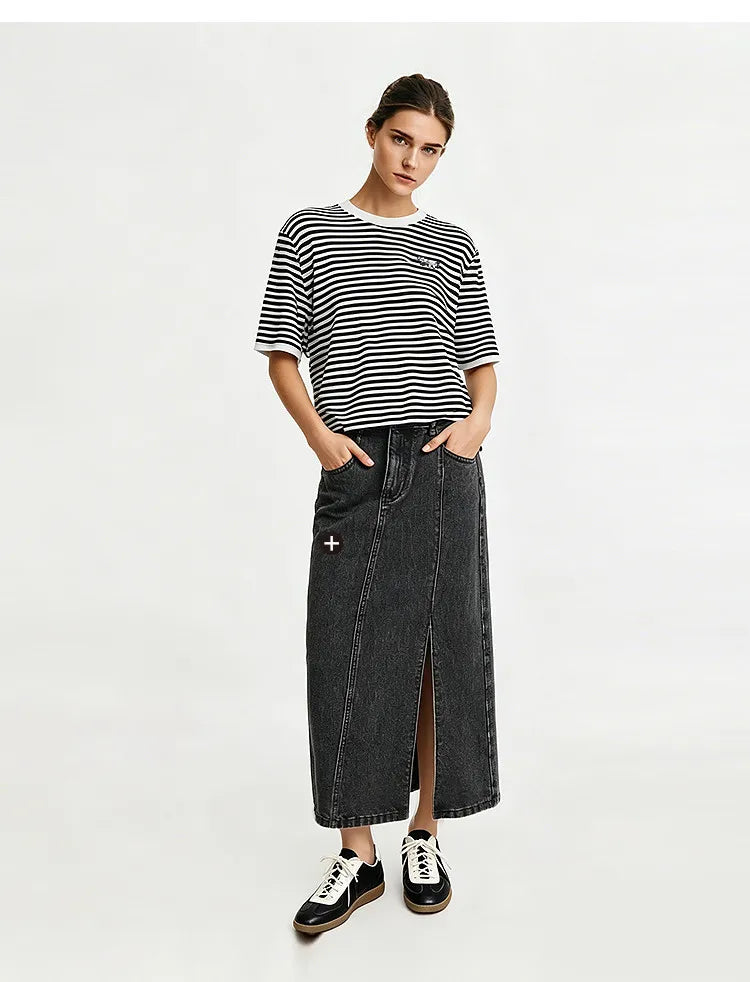 Damen-Rundhalspullover Colorblock Streifen Kurzarm locker Viskose Sommer
