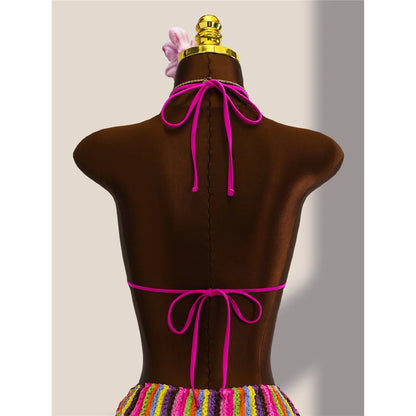 Damen Badeanzug gestreift bunt Neckholder Cut-Out hoher Beinausschnitt Monokini