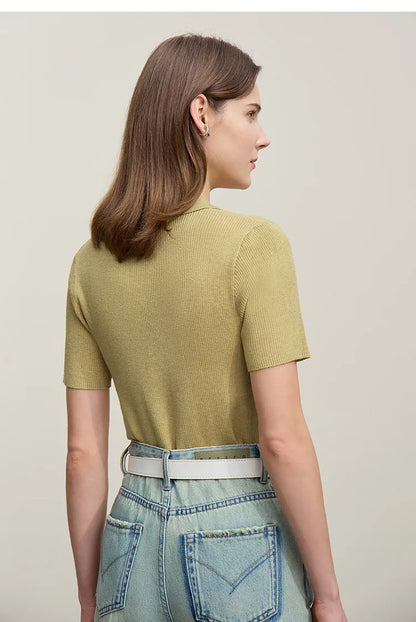 Kurzarm-Strickpullover mit Polokragen, halbgeschlossen, olivgelb