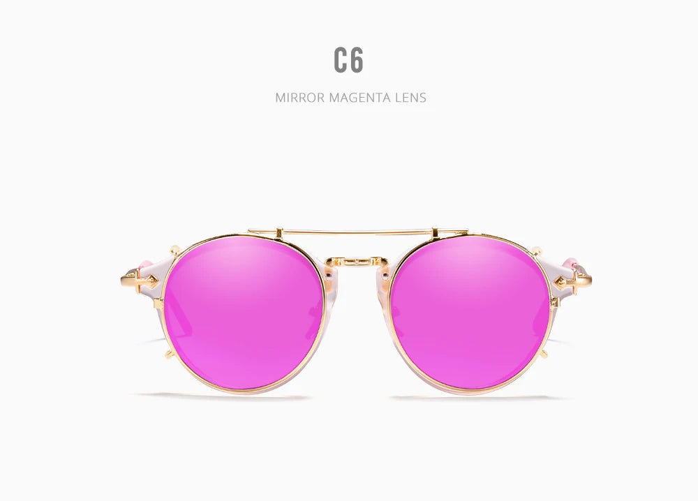 Sonnenbrille rund Steampunk Clip-On abnehmbar polarisiert Markenbox Herren