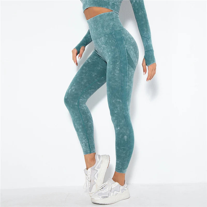 Nahtlose Yoga-Leggings mit hoher Taille, türkisfarbenes Fleckenmuster, schmal, 7/8-Länge