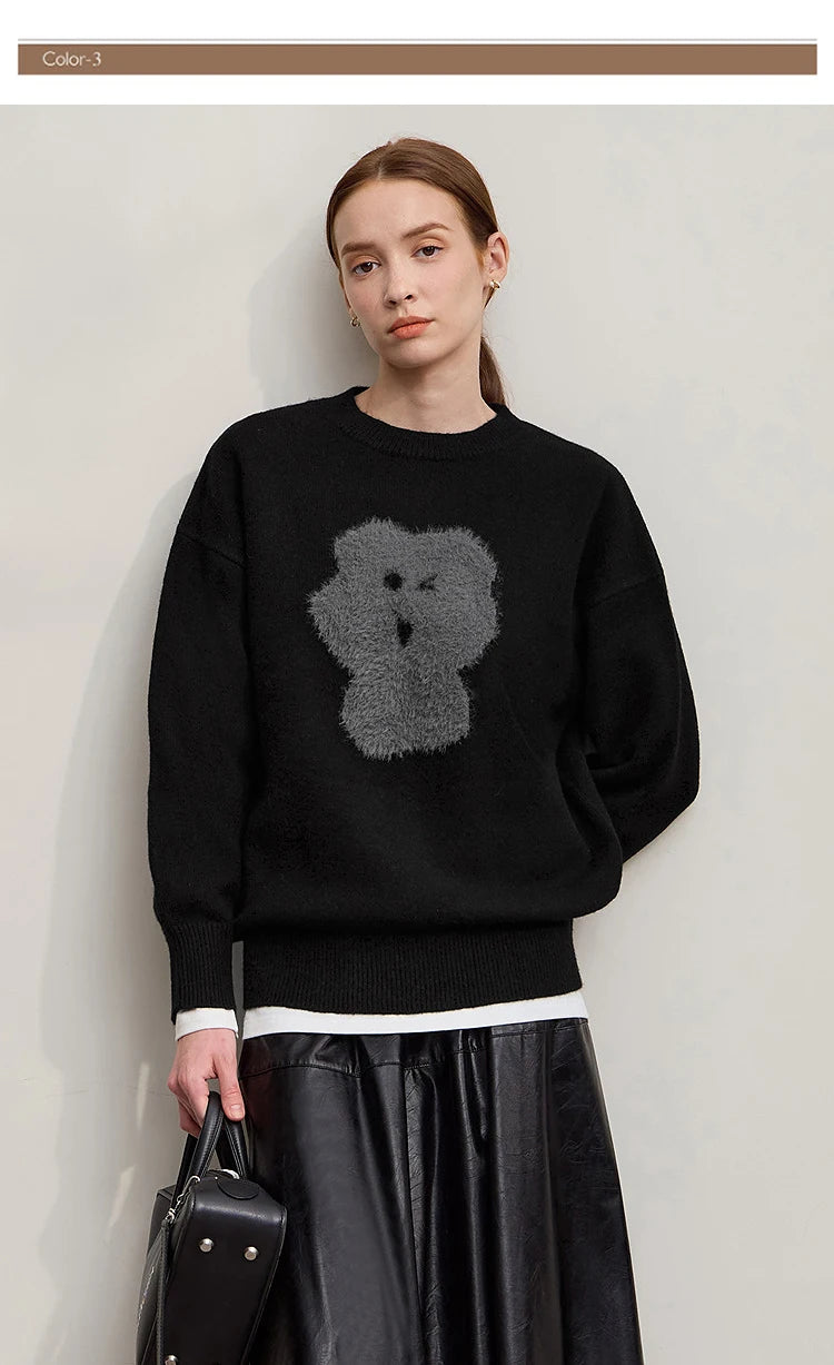 Damenpullover schwarz mit flauschigem Bärenmotiv, Rundhalsausschnitt, Langarm