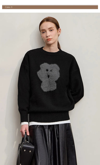 Damenpullover schwarz mit flauschigem Bärenmotiv, Rundhalsausschnitt, Langarm