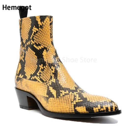 Herren-Chelsea-Boots mit Schlangenmuster, spitzer Zehenpartie und kurzem Absatz, gelb/schwarz