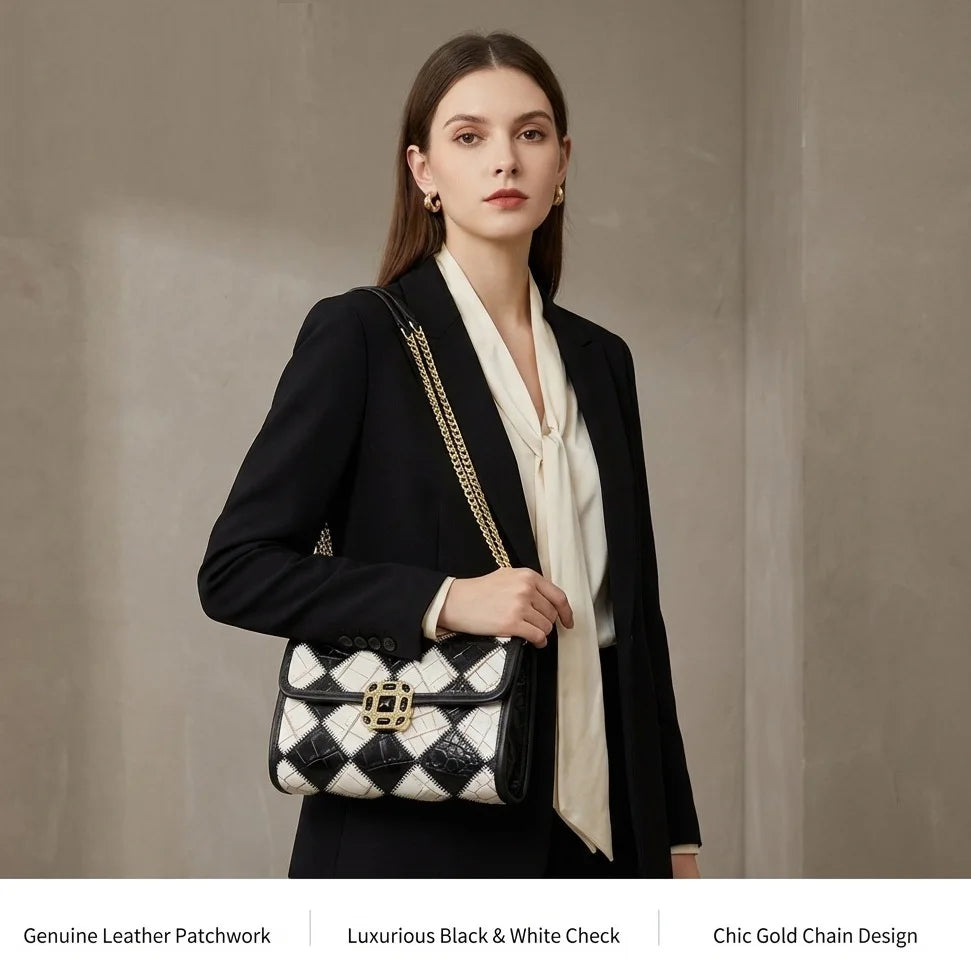 Damen-Schultertasche Aus Echtem Leder Kleine Handtasche Mit Gestepptem Kettenriemen Für Alltag Und Freizeit