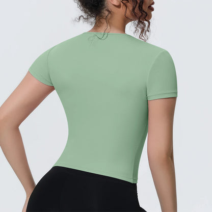 Damen Yoga-Shirt kurzarm, mintgrün, hinten glatt, Rundhalsausschnitt