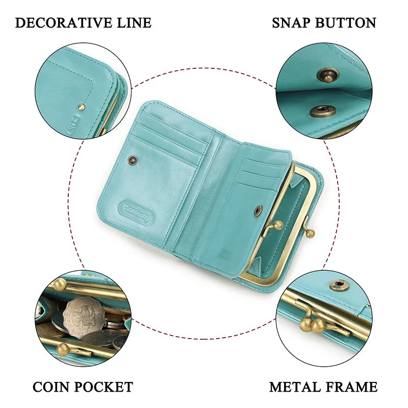 Damen Echtleder Geldbörse Vintage Metallrahmen RFID 6 Kartenfächer Münzfach Reise