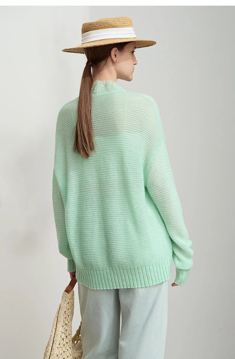 Damen V-Ausschnitt Pullover Mohair Spitze locker mittellang Frühling