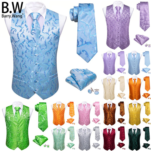 Herrenweste Jacquard mit blauem Blumenmuster und passender Krawatte, Set mit Einstecktuch