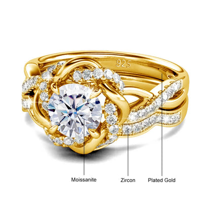 Damen-Ringe-Set aus 925 Sterling Silber mit Moissanit Steinchen und Blüten-Design für Verlobung und Hochzeit