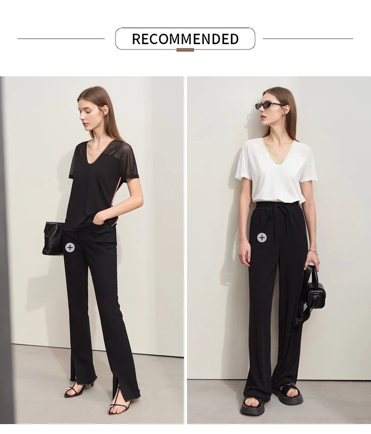 Damen T-Shirt im Minimalismus-Stil mit V-Ausschnitt und Kontrastnähten