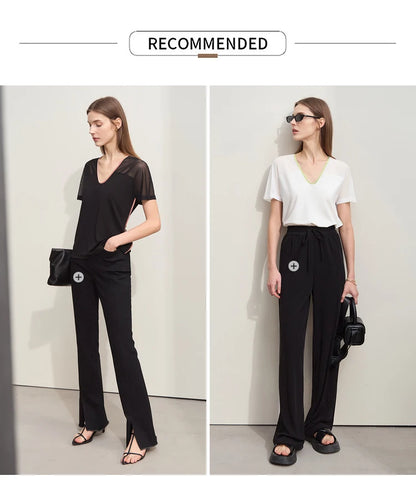 Damen T-Shirt im Minimalismus-Stil mit V-Ausschnitt und Kontrastnähten