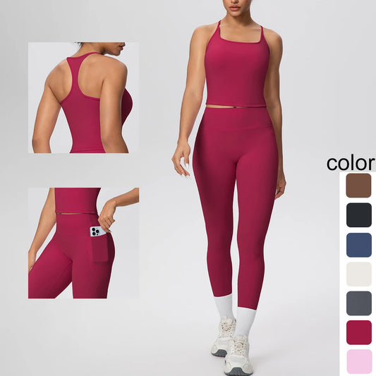 Damen Yoga-Set aus Crop-Top und Leggings, bordeauxrot, mit beigem Saum an den Knien