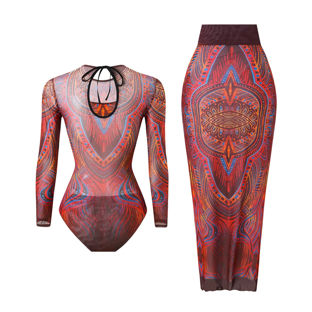 Damen-Badeanzug Blumen Langarm Sarong einteilig gepolstert