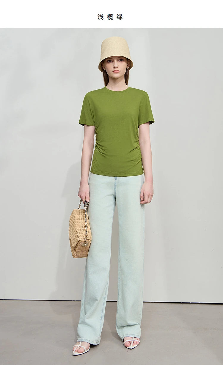 Damen Sommer-T-Shirt im minimalistischen Stil mit schmalem O-Ausschnitt und kurzen Ärmeln