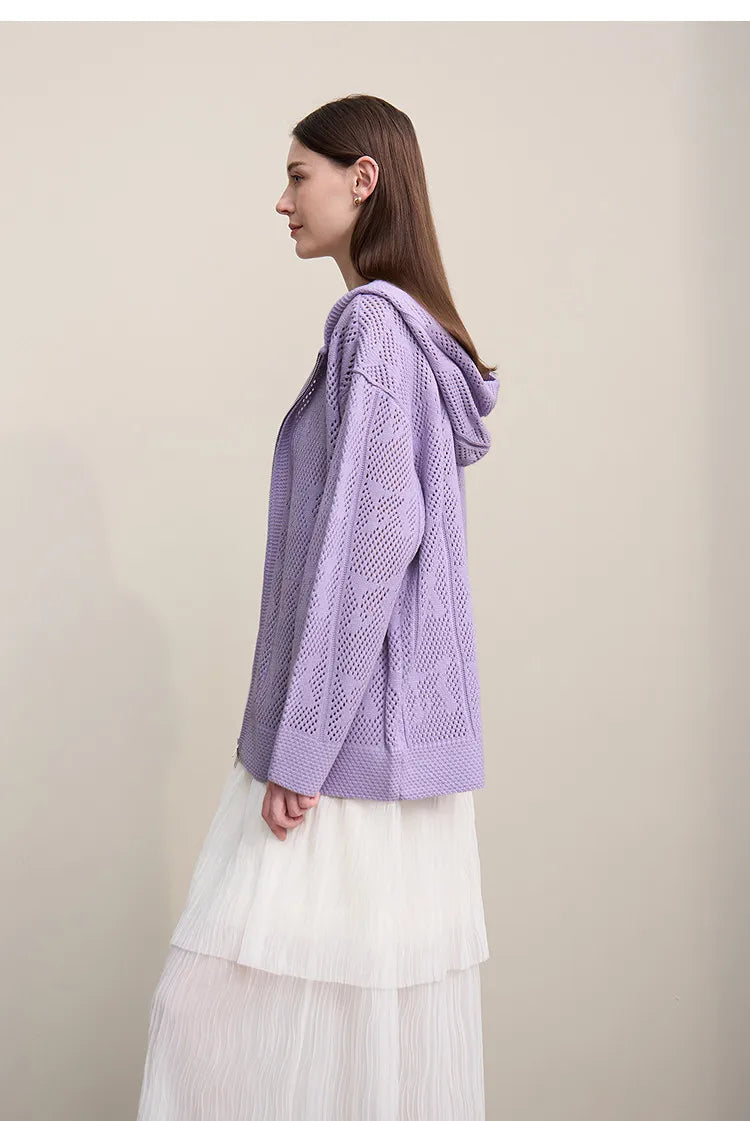 Damen-Strickjacke Kapuze Jacquard Hohlstrick Doppelreißverschluss locker Frühling