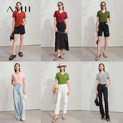 Damen T-Shirt im minimalistischen Casual-Stil mit V-Ausschnitt und kurzen Ärmeln