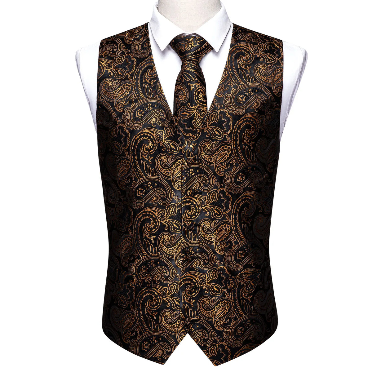Herren-Weste in Schwarz mit Gold-Paisley-Muster, V-Ausschnitt und Knopfleiste, Seidenoptik
