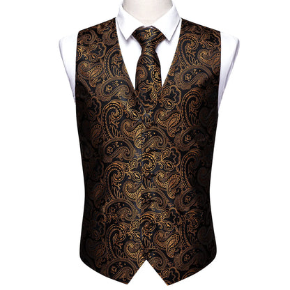 Herren-Weste in Schwarz mit Gold-Paisley-Muster, V-Ausschnitt und Knopfleiste, Seidenoptik
