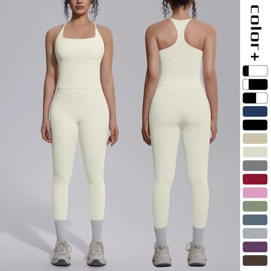 Damen-Yoga-Set mit Leggings, ärmelloses Oberteil, cremeweiß, Seitenansicht