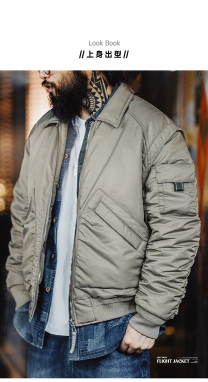 Herren Pilotenjacke Graugrün Warmer Mit Baumwolle Gefütterter Mantel Revers Taschen
