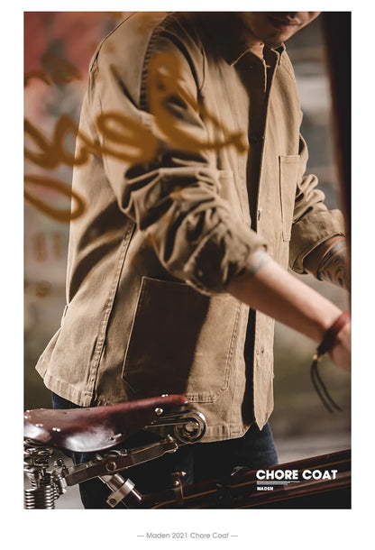 Herren Mantel aus schwerem Twill mit vier Taschen im Khaki-Farbton