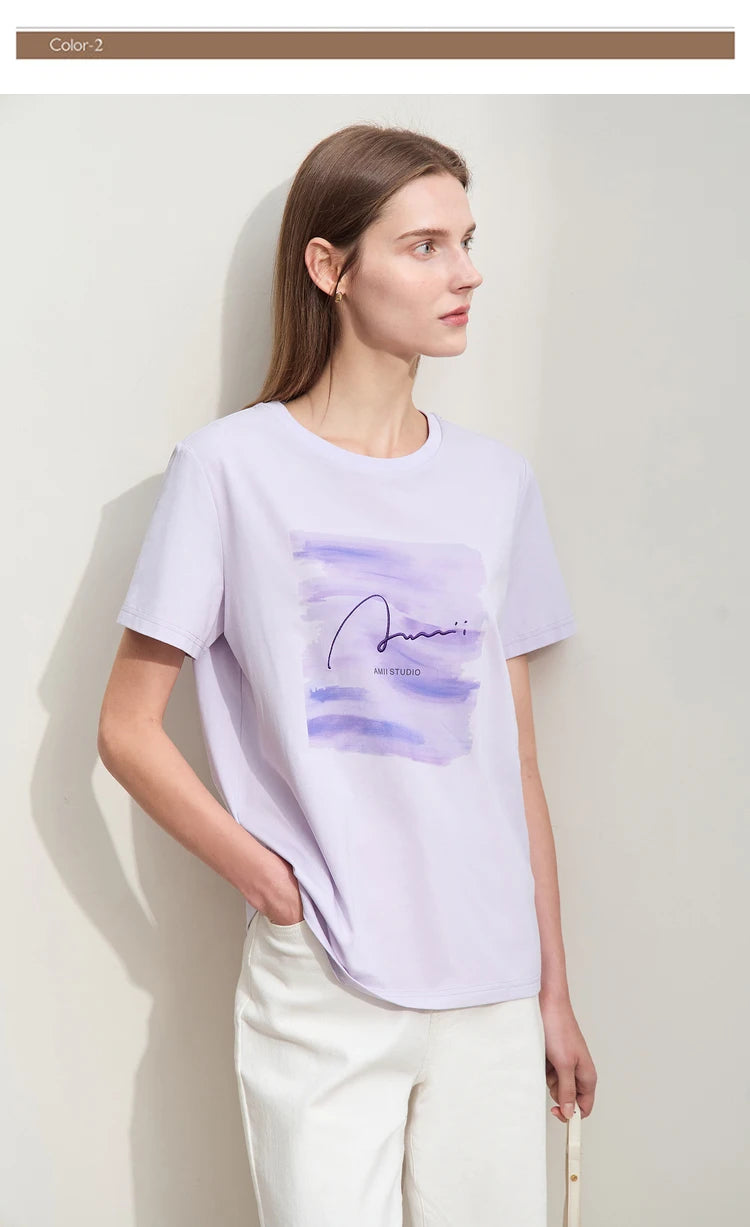 Damen T-Shirts im lässigen Minimalismus-Stil mit O-Ausschnitt und Stickerei