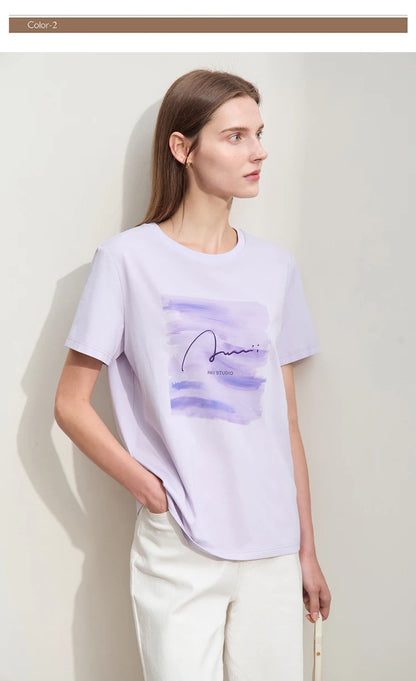 Damen T-Shirts im lässigen Minimalismus-Stil mit O-Ausschnitt und Stickerei