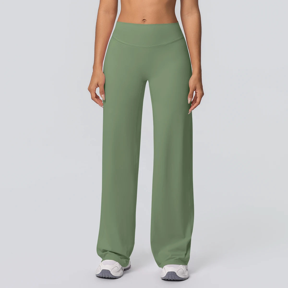 Damen Yoga-Hose, grün, hoher Bund, gerade weit fallend, atmungsaktiv