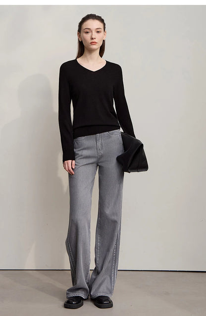 Damen V-Ausschnitt Pullover 100 % Wolle vielseitig Langarm Herbst