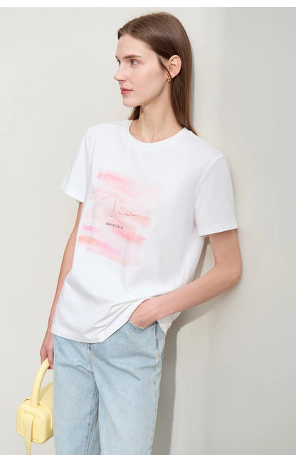 Damen T-Shirts im lässigen Minimalismus-Stil mit O-Ausschnitt und Stickerei
