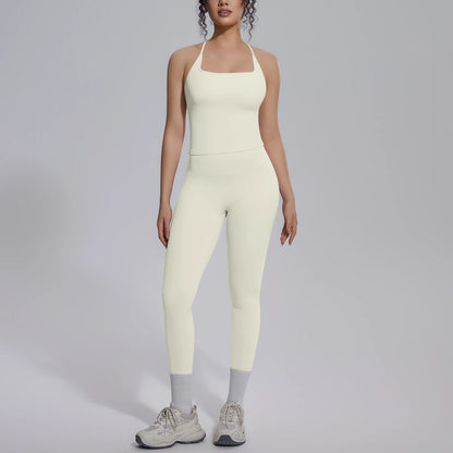 Damen-Yoga-Set mit Leggings, cremeweiß, Frontansicht mit schmalen Trägern