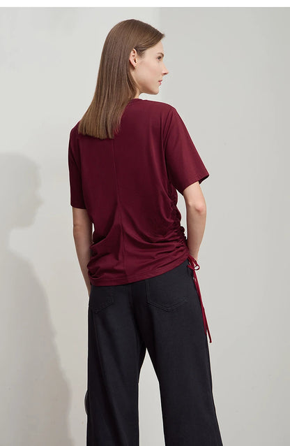 Damen T-Shirt mit solidem V-Ausschnitt und Kordelzug für den Sommer