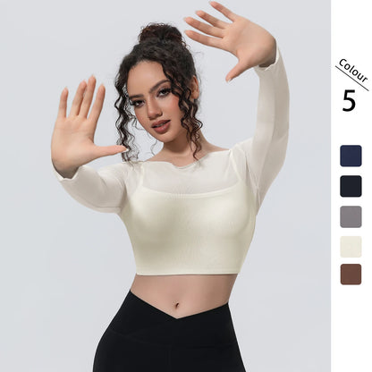 Damen Langarm-Yoga-Shirt, cremefarbenes, figurbetontes Crop-Design mit Netz-Einsätzen