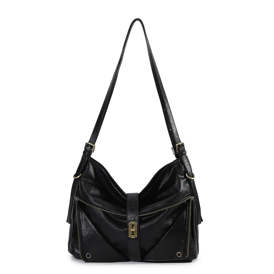 Damen-Schultertasche aus Vintage Öl-Wachs-Leder mit großem Stauraum und Mehrfach-Reißverschlussfächern