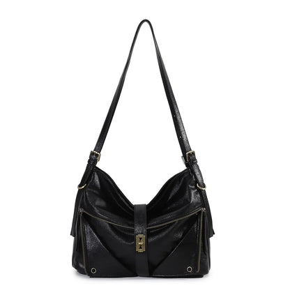 Damen-Schultertasche aus Vintage Öl-Wachs-Leder mit großem Stauraum und Mehrfach-Reißverschlussfächern