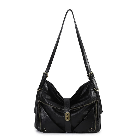 Damen-Schultertasche aus Vintage Öl-Wachs-Leder mit großem Stauraum und Mehrfach-Reißverschlussfächern