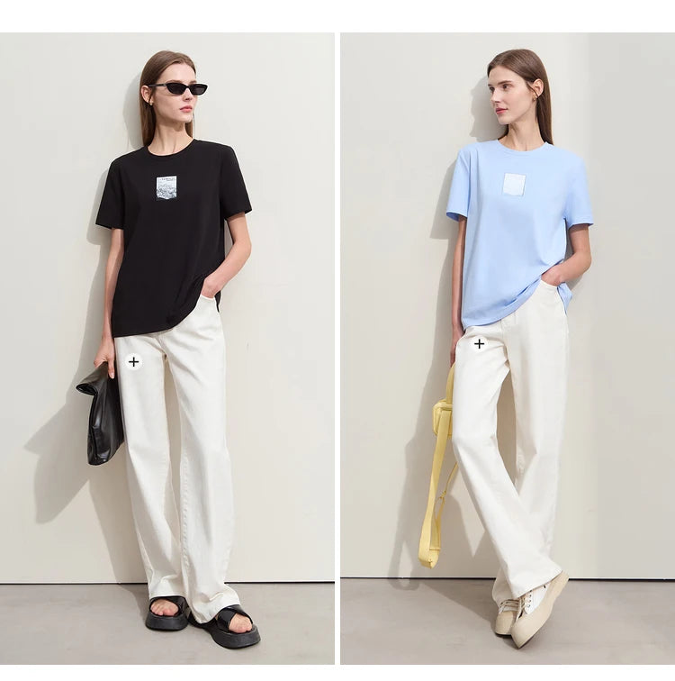 Damen T-Shirt aus Baumwolle mit lässigem O-Ausschnitt und modischer Stickerei