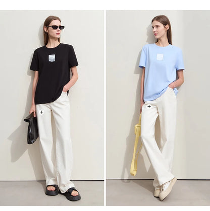 Damen T-Shirt aus Baumwolle mit lässigem O-Ausschnitt und modischer Stickerei