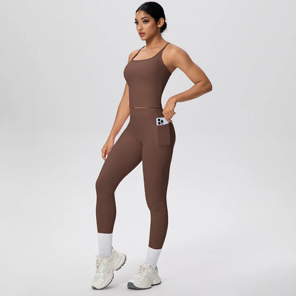 Damen Yoga-Set aus ärmellosem Top und Leggings, braun, mit hellen Bündchen an den Knien