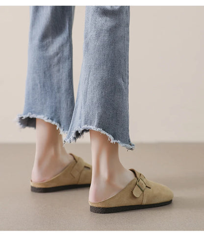 AIYUQI Hausschuhe Frauen Echt Leder 2025, Neue Große Größe 41 42 43 Frauen Sommer Schuhe Retro Oberbekleidung Flache Faule halbe Hausschuhe Frauen