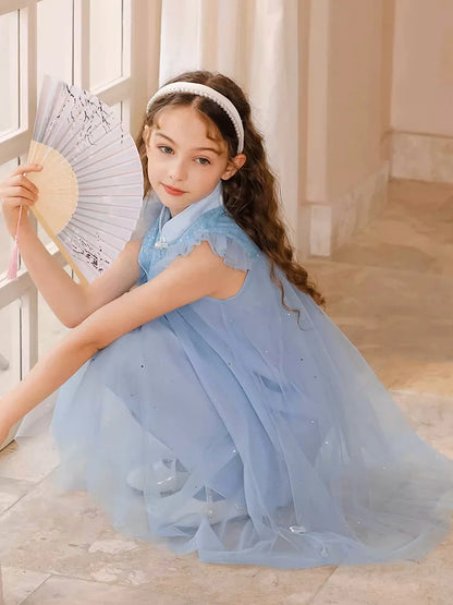 Ärmelloses Sommerkleid für Mädchen mit Blumenmuster und Pailletten – ideal für Hochzeiten und Geburtstagsfeiern