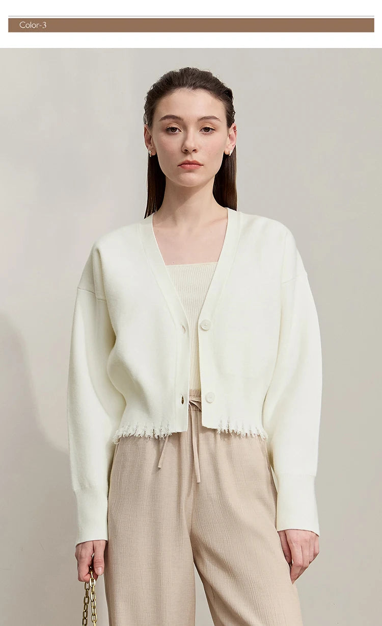 Damen-Strickjacke V-Ausschnitt kurz Quaste locker Langarm Herbst